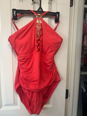 Bleu Rod Beattie Coral Red Halter One-Piece Swimsuit with Ladder Front